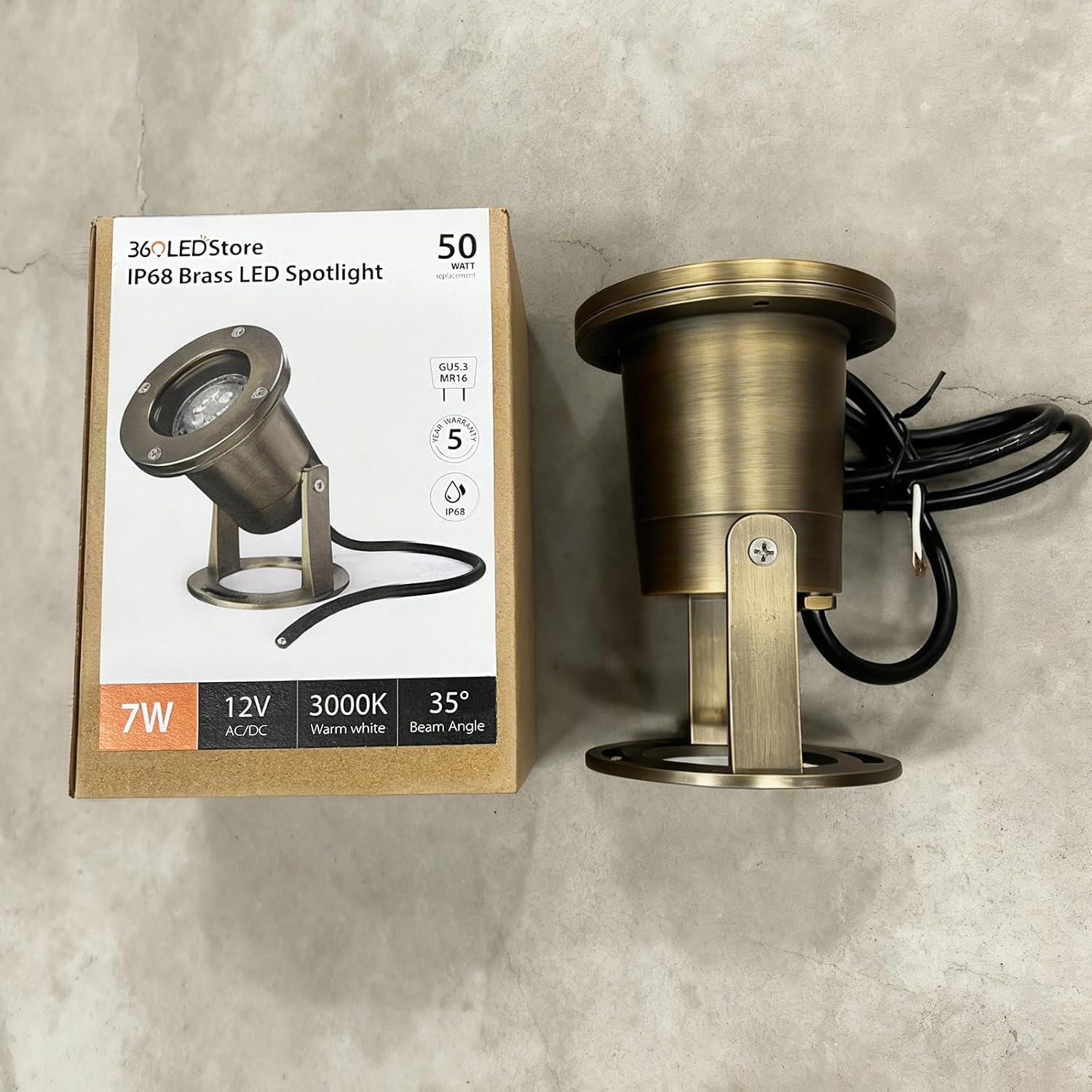 Brass Underwater Spotlight, 7W MR16 LED Bulb, IP68 Waterproof, 12V AC/DC, 600 Lumens, 3000K Warm White for Pool, Fountain, Garden, 10ft Cable