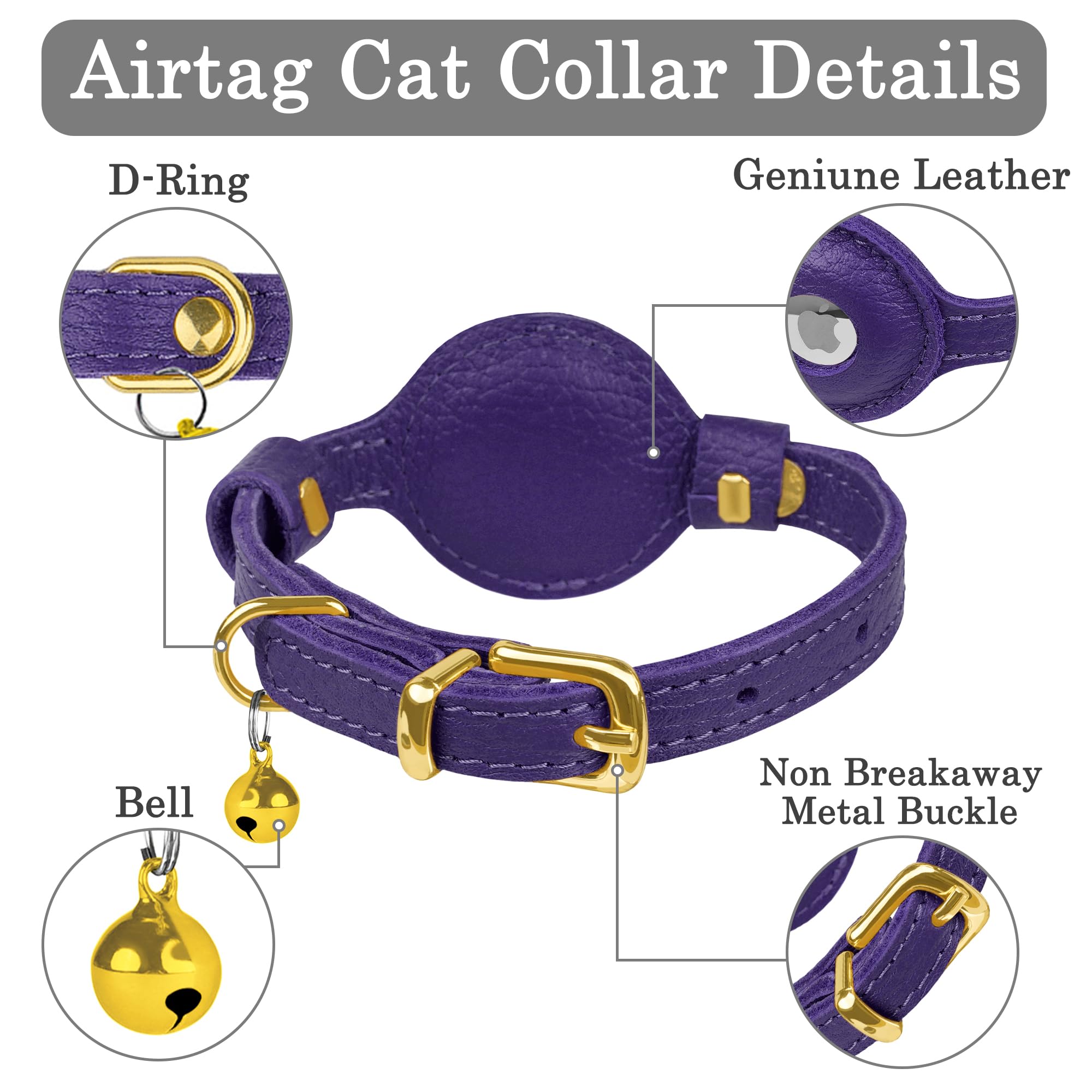 OOPSDOGGY Cat Collar with Bell for AirTag, Non Breakaway Leather Kitten Collar with Apple Air Tag Holder - Image 3
