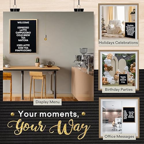 Miniatura 87 de Letrero de fieltro negro y letras blancas de 10 x 10 pulgadas Este letrero personalizable incluye 300 letras de plástico y marco de roble., Negro