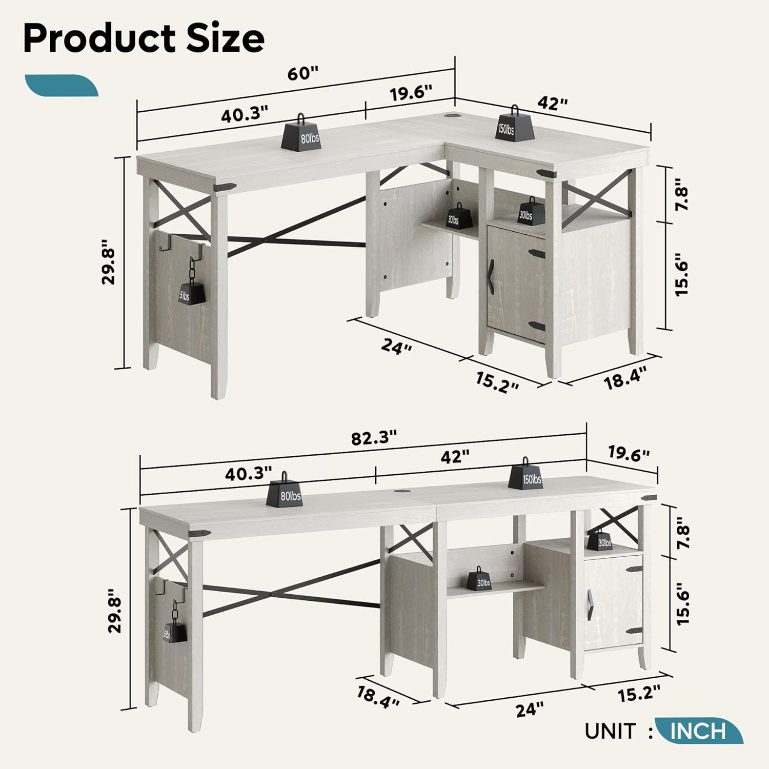 Bestier L Shaped Desk for Home Office, Farmhouse Computer Desk with Storage Cabinet, Office Desk with Bookshelf, 2 Person Computer Desk Up to 82 inch, Corner Desk with Shelves, White Wash