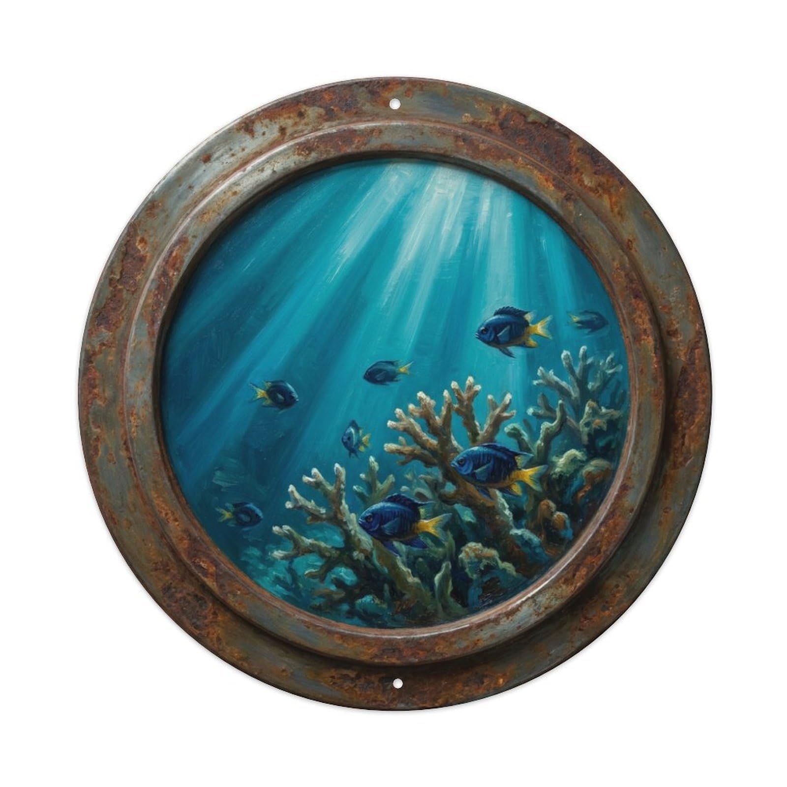 Fyrn Style Metal Tin Sign Vintage Porthole Damselfish Territory Ship Window Undersea Deep Sea