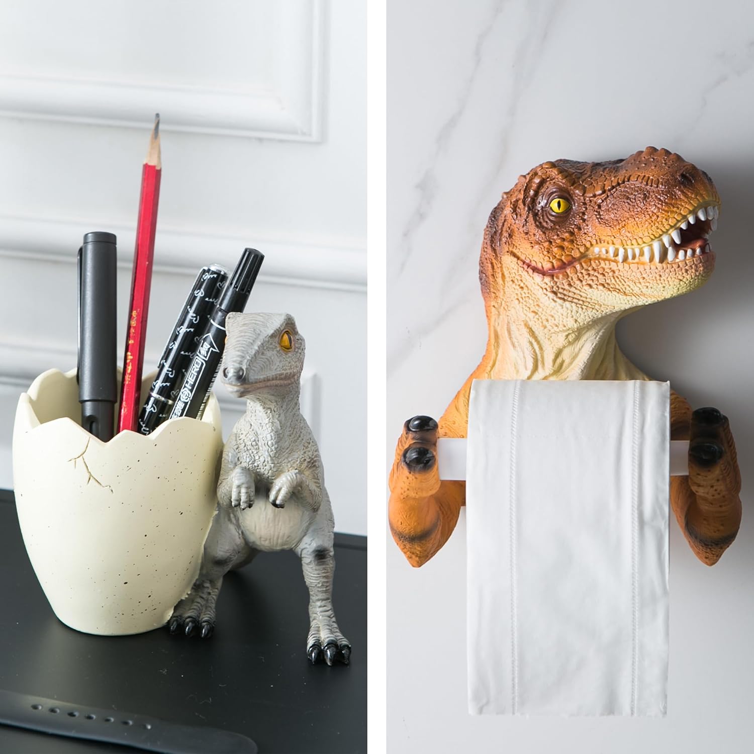 Gray Dinosaur Toilet Paper Holder Wall Mount and Orange Dinosaur Pen Holder for Desk