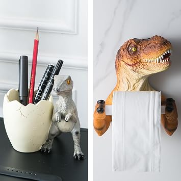 Gray Dinosaur Toilet Paper Holder Wall Mount and Orange Dinosaur Pen Holder for Desk