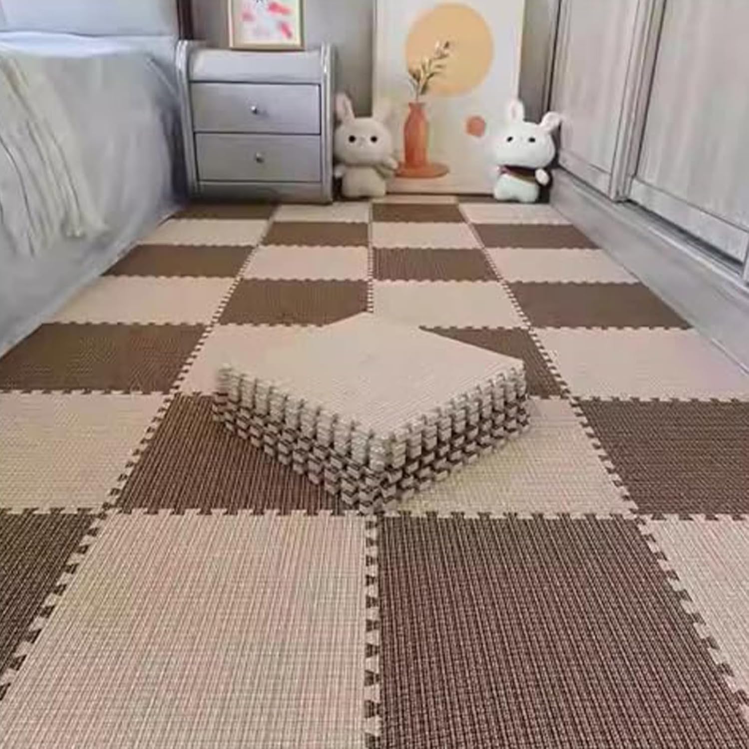 Puzzle Foam Mat Fluffy Floor Rugs, 0.6cm Thick Linen Exercise Mat, Non-Slip Puzzle Climbing Area Rugs, Home Decor(Light Brown+Dark Brown,0.6cm-12p)