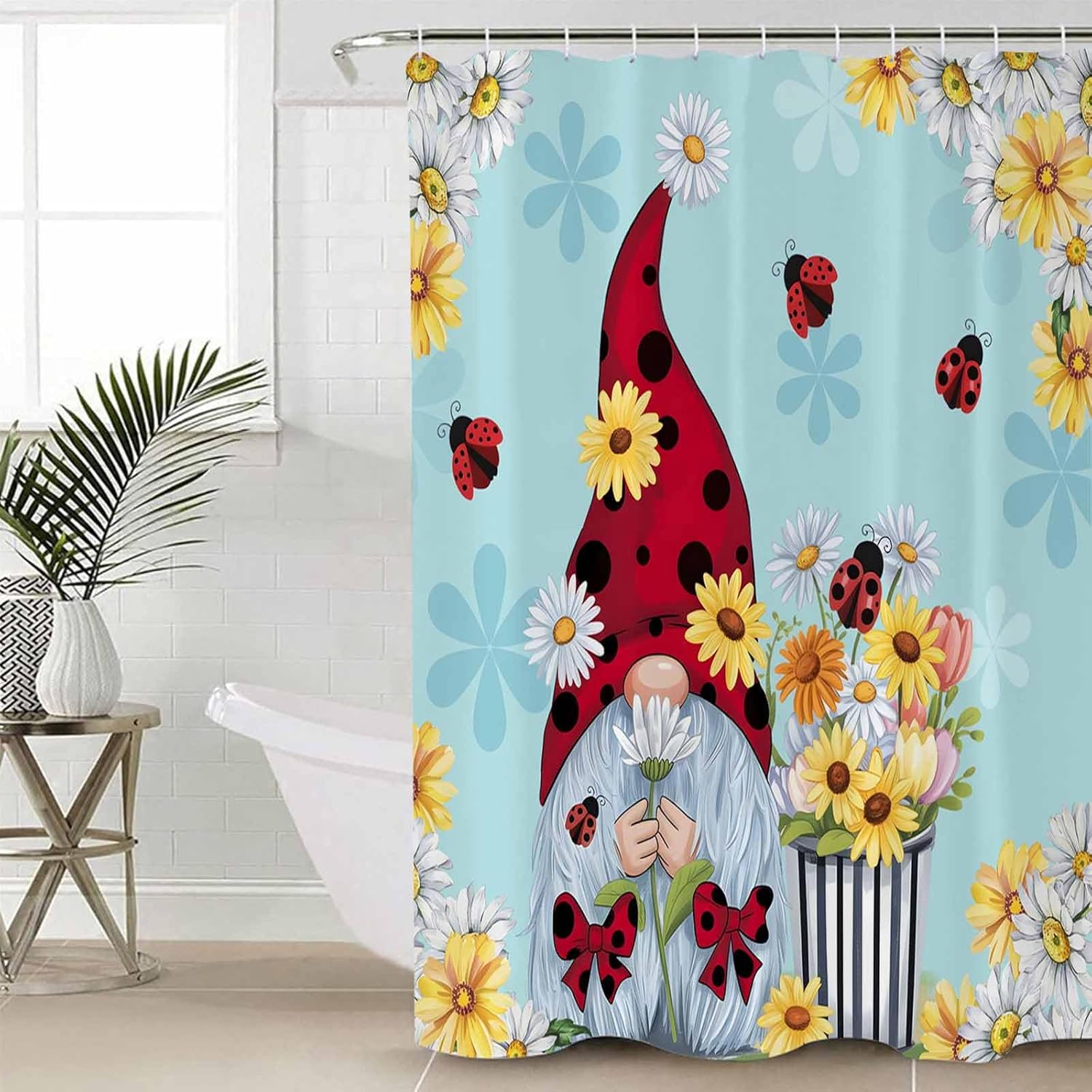 Decorative Shower Curtain Polyester Fabric Bathroom Accessories Ladybug Gnome American Country Style Spring Farm Garden Daisy Sunflower Machine Washable Curtain 72x96 Inch for Home Hotel