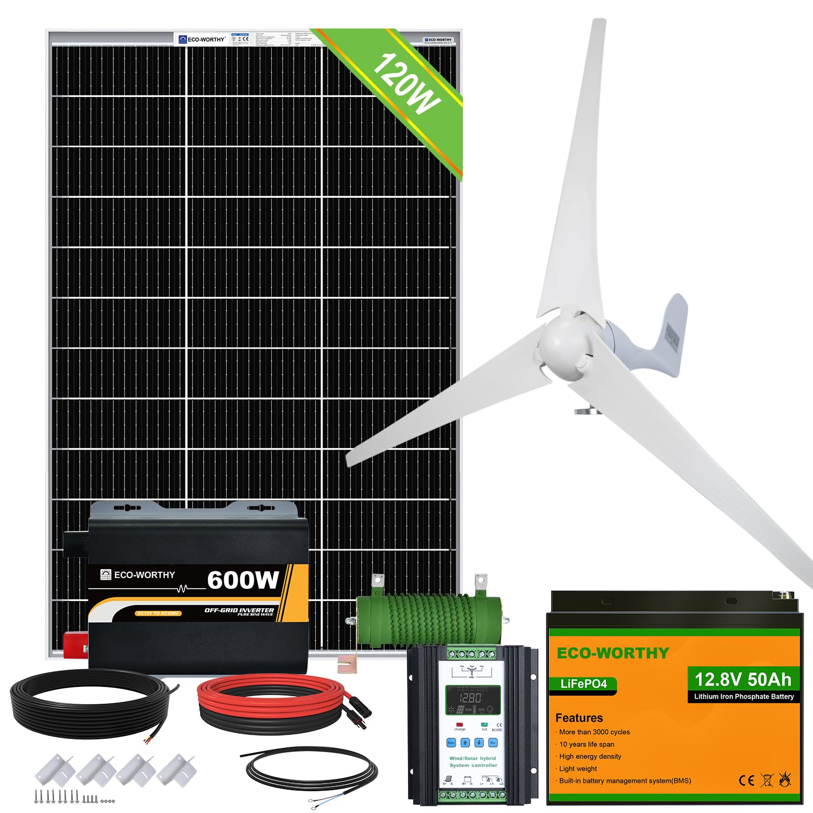 ECO-WORTHY 520W Solar Wind Complete Power System 12V Off-Grid Kit for Home Energy Backup:400W Wind Turbine Generator + 120W Mono Solar Panel + 600W Pure Sine Inverter+ 50Ah Lithium Battery