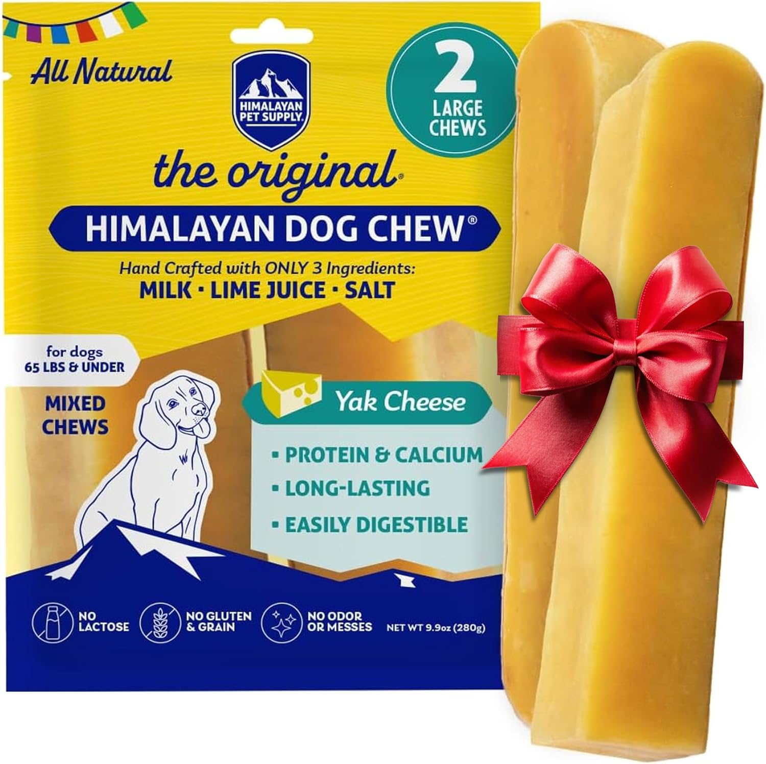 Himalayan Dog Chew Original Yak Cheese Dog Chews, The Better-For-You Chew, 100% Natural, Long Lasting, Healthy Safe Dog Treats, Lactose & Grain Free, Protein Rich, For Dogs 65 Lbs & Smaller, 2-Count