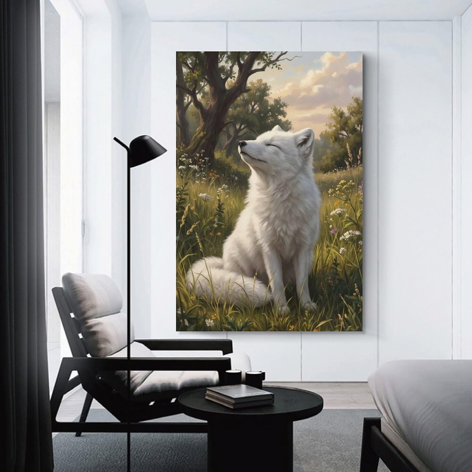 Junmoney White Fox in Meadow Canvas Wall Picture 24x36inch(60x90cm), for Entryway, Lounge Links Or Small Walls, Decorative Canvas Styling for Entry Areas