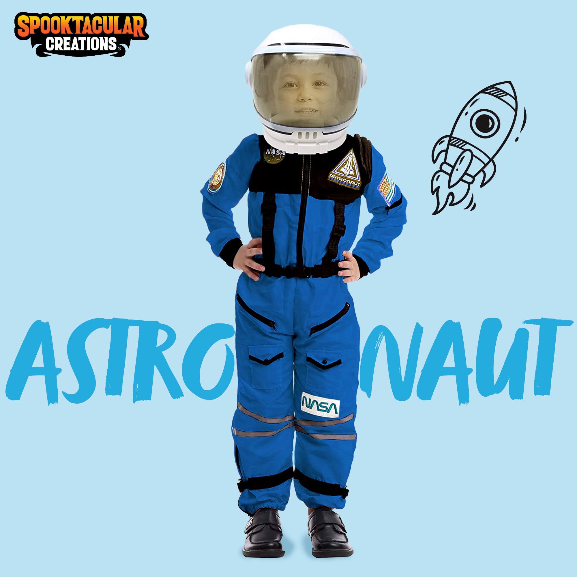 Spooktacular Creations Costume da astronauta blu con casco per bambini, tuta spaziale, tuta spaziale, costume da pilota NASA per bambini e bambine, gioco di ruolo per finta XS (3-4 anni)