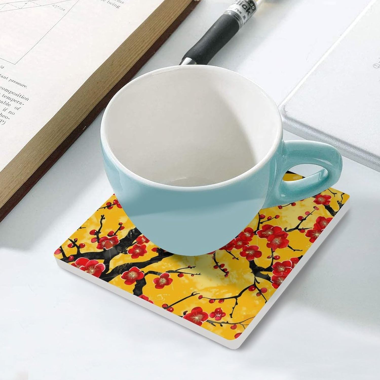 Japanese Cherryflowers Coaster for Drinks Square Ceramic Table Coasters Stone Mat Crafts 4PCS Home Kitchen Decor