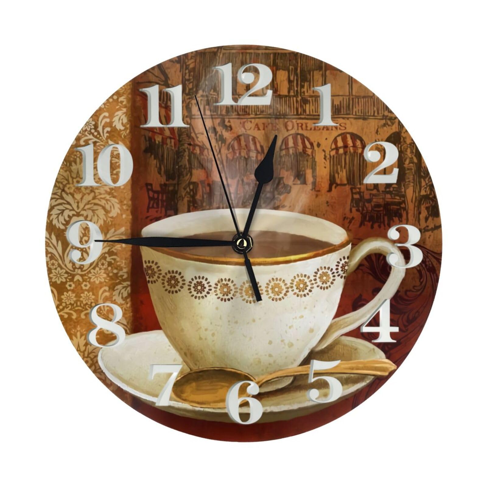 THOEWONG Coffee Wall Clock Vintage Brown Round Battery Operated Decorative Silent Non Ticking Desk Clocks Easy to Read for Home Decor Living Room