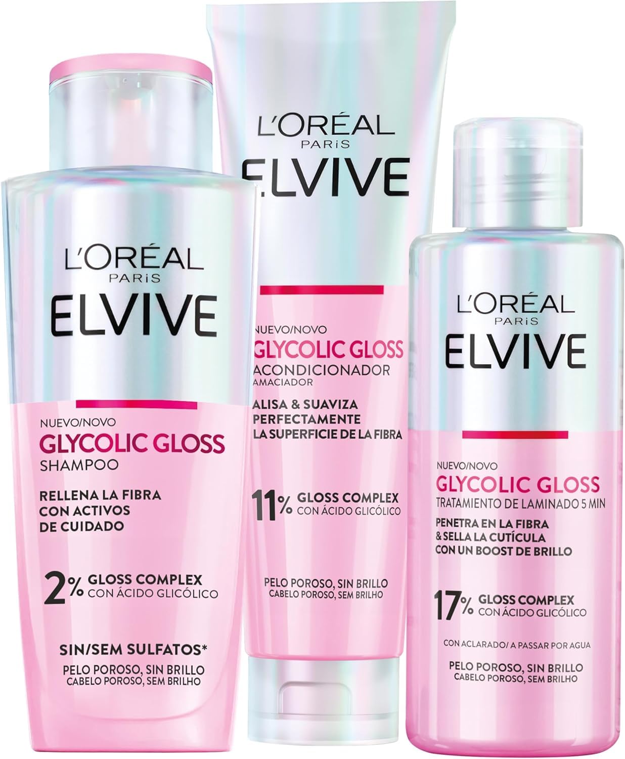 L'Oréal Paris Elvive Glycolic Gloss Rutina Completa con Ácido Glicólico | Pack Champú sin sulfatos, Acondicionador y Tratamiento, Brillo Efecto Espejo, Para Cabello Poroso, Elvive Glycolic Gloss en oferta en Amazon