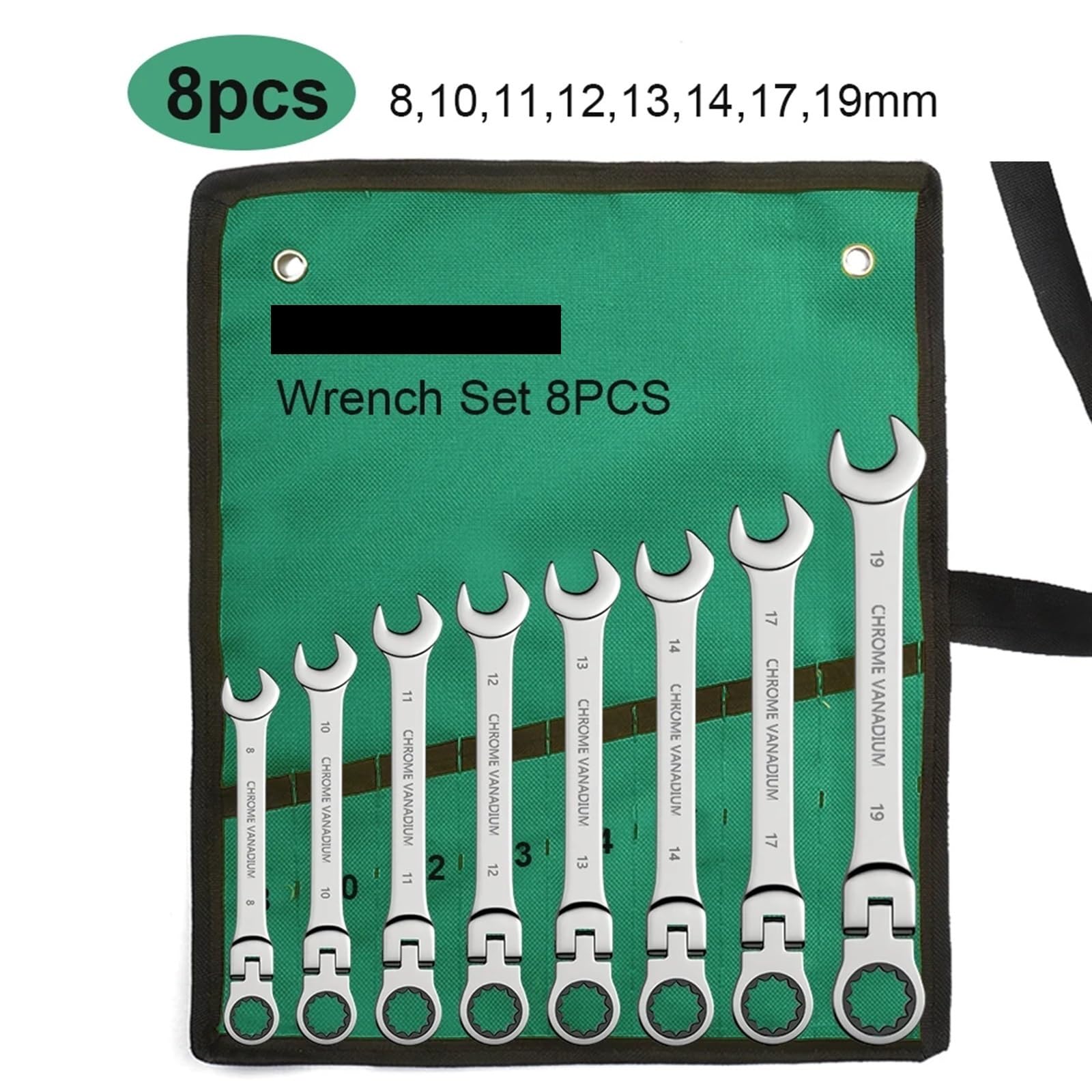 Set di chiavi a cricchetto Set di anelli for ingranaggi da 8-22 mm Kit di chiavi combinate a cricchetto Testa flessibile metrica con borsa in tela (Size : 8 pcs(8-19mm))