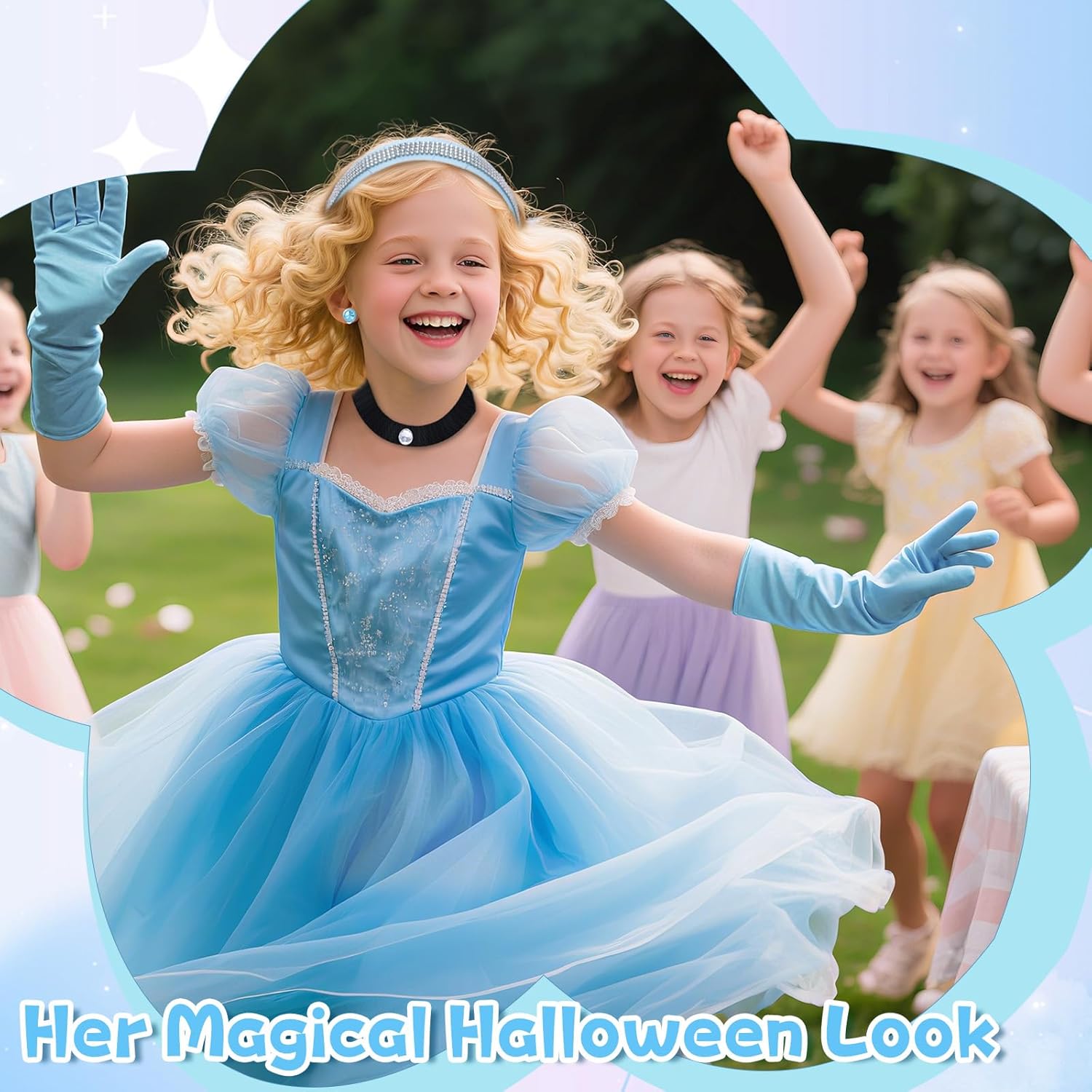 Cinderella Accessories for Girls - 4 PCS Rhinestone Crown, Headband, Choker Necklace, Gloves & Earrings for Dress-Up, Birthday Parties, Halloween & Cosplay (Blue) - Image 4