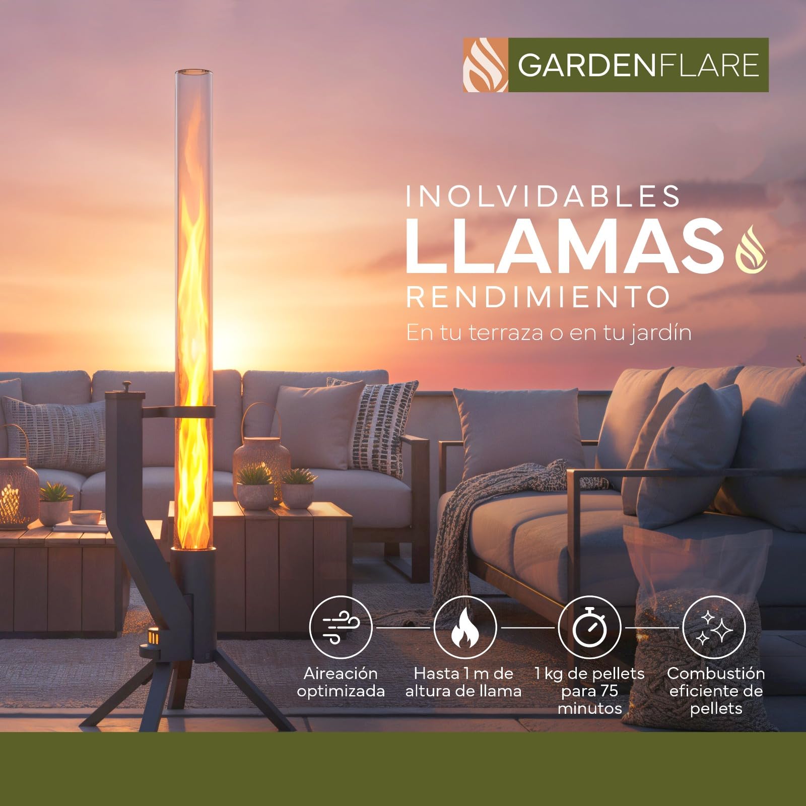 GARDENFLARE Brasero de Pellets Exterior — Chimenea de Terraza Acero Inoxidable Negro Mate, Antorcha de Pellets sin Humo, Llamas hasta 1 m, Fuego Ambiental Jardín y Terraza