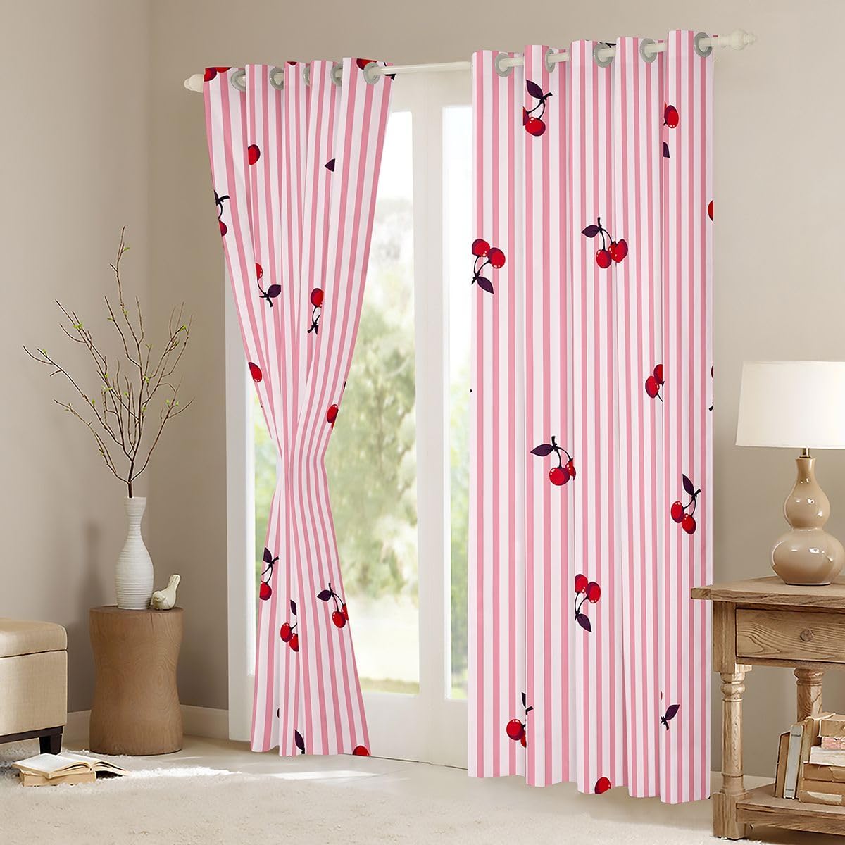 Castle Fairy Berry Stripe Blackout Curtains for Kids Bedroom Cherry Vertical Stripe Window Drapes Cute Cartoon Style Window Treatment Pink Windows Curtains 2 Panel Sets 42" Wx90 L