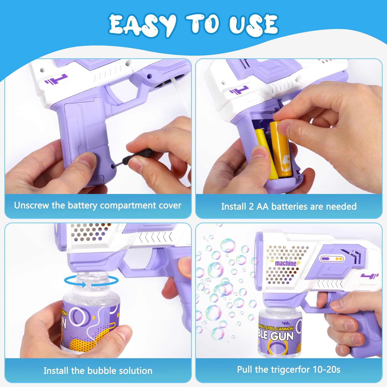 2 Pistolas de Burbujas para Niños, Máquina Automática de Burbujas LED de Jabón 10000+ Burbujas con 4 Soluciones (90 ml), Juguete de Verano, Regalos para Cumpleaños Fiestas, Aire Libre Bodas