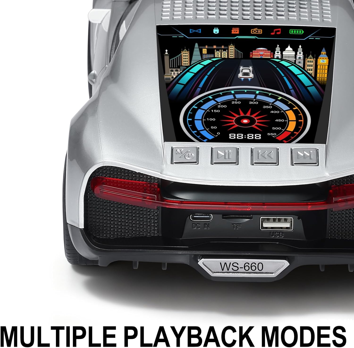 WS-660 Hypercar Bluetooth Replica Speaker with LED Starry-Sky Display, Portable with HD Sound, LED Party Light, TWS Pairing, FM/USB/TF Playback, Built-in Mic, Best Gift for Hypercar Lovers (Silver)