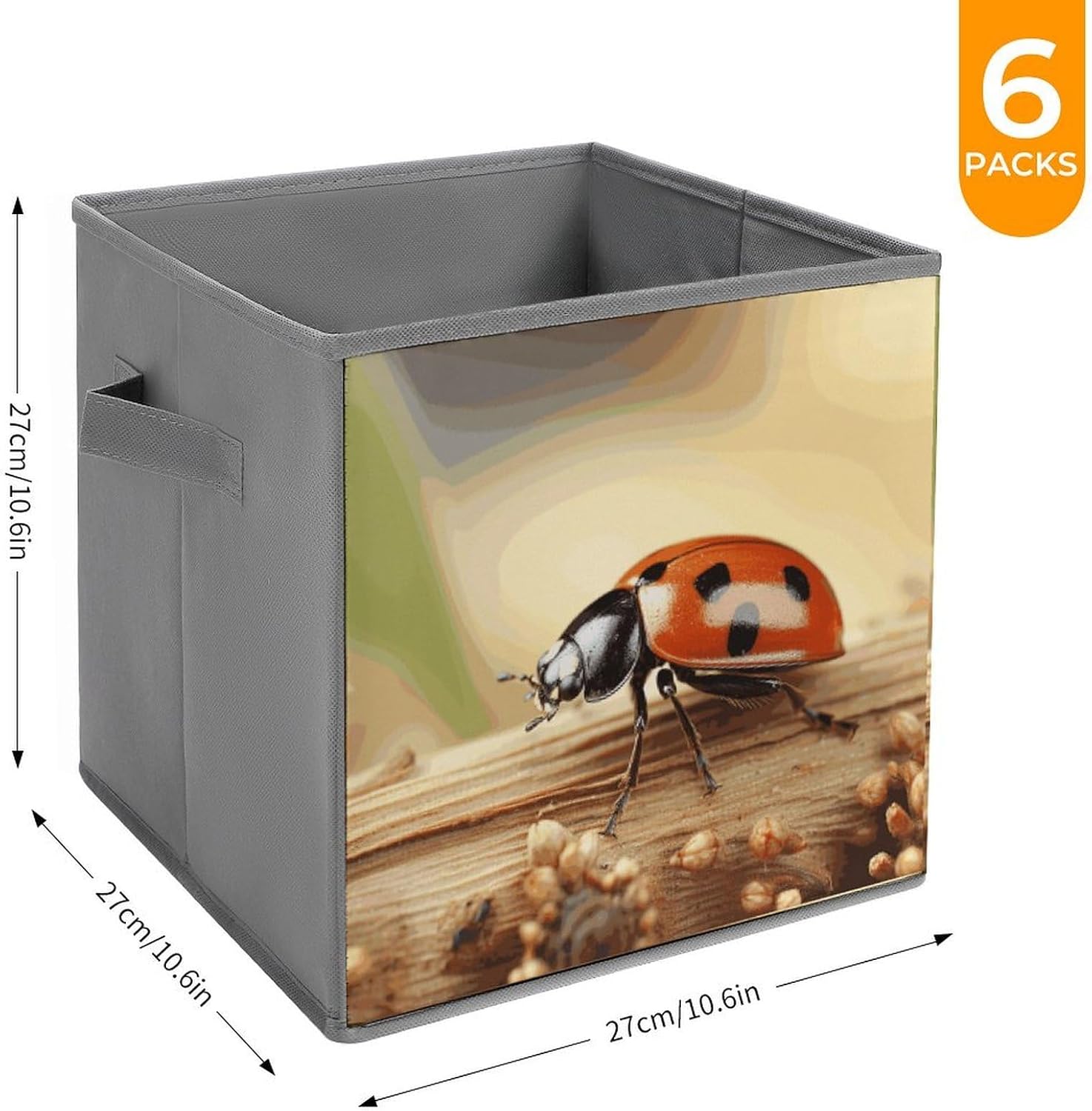Orange Ladybug on Beige Background Storage Cubes Set of 6 Storage Bins with Handles Collapsible Storage Basket Fabric Storage Box for Shelves Large Closet Shelf Organizer for Organization 11 Inch