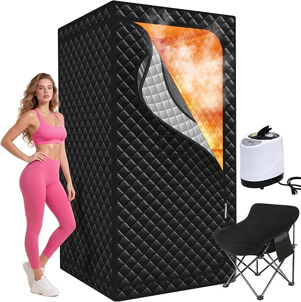 Portable Sauna for Home, Upgraded Large Size Home Sauna Box with 3L 1300W Steamer, Big Folding Chair, 9 Levels Heat,Timer, Remote Control - Personal Steam Room Tent for Relaxation Spa 3'x3'x5.9' Black