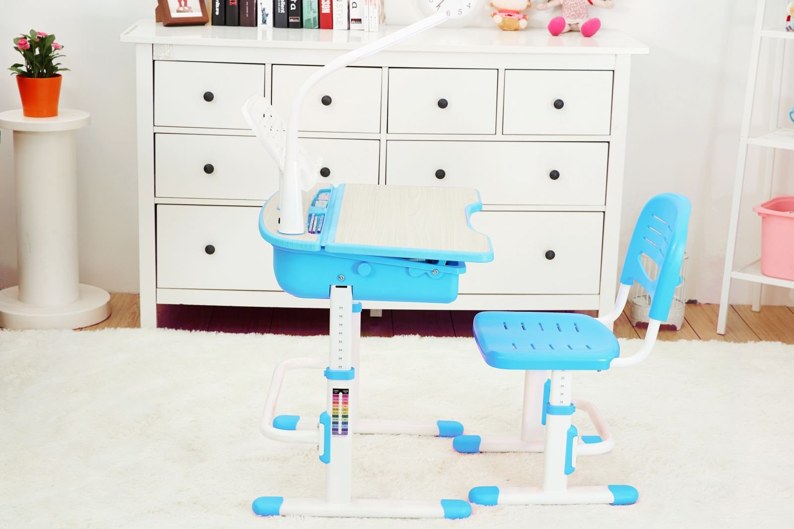 Scrivania Regolabile Per Bambini Leomark Con Sedia - Set Studio Con Lampada LED E Cassetto - Colore Blu - Foto 2