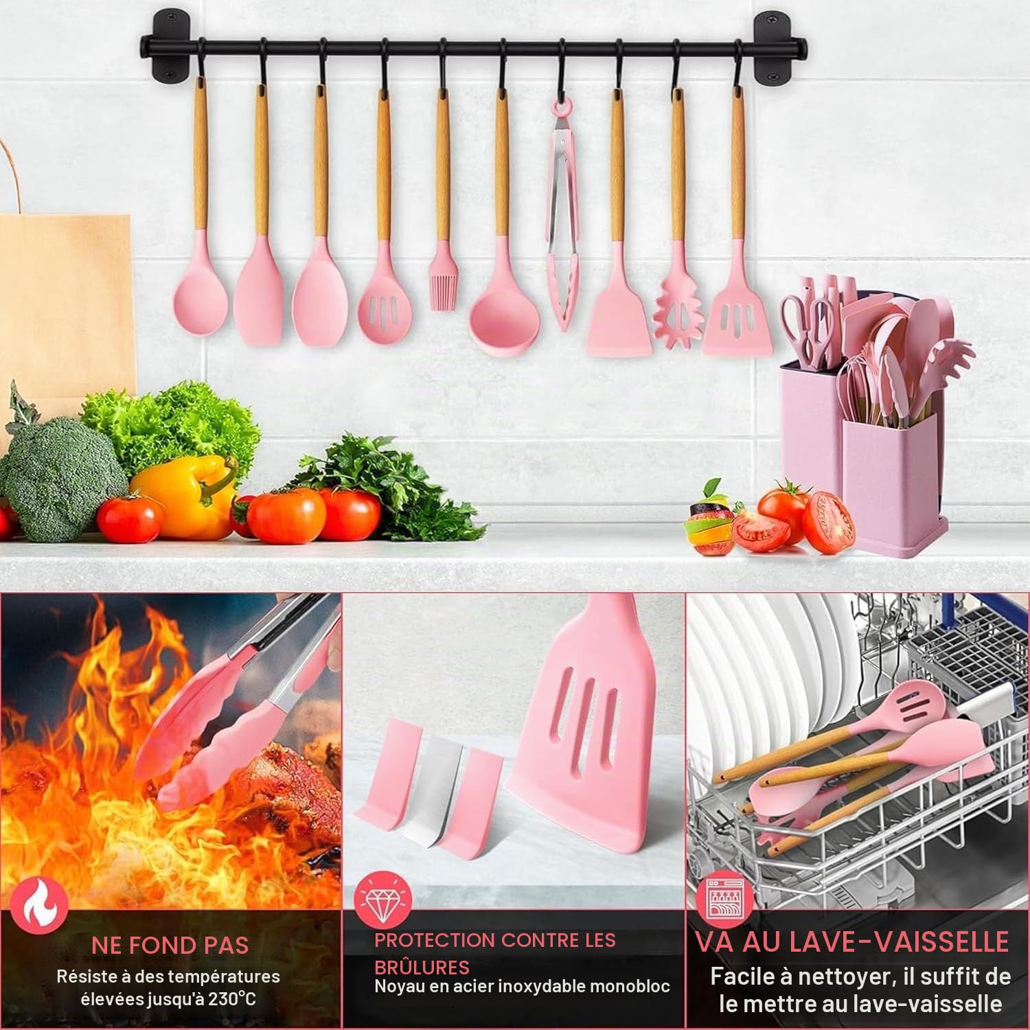 Silicone Kitchen Utensils Set of 19 Pieces Kitchen Utensils with Stand and Kitchen Knives for Kitchen Non-Stick Heat Resistant with Wooden Handle (Pink)