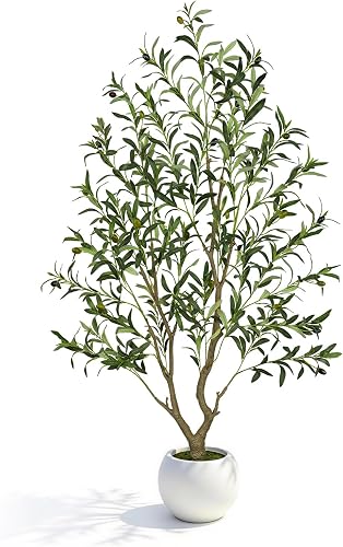 Artificial Olive Tree 5FT Tall, Faux Olive Tree Indoor with Large White Round Planter, Full-Shape Fake Olive Plant, PE Leaves and Premium Plastic Trunk for Home Living Room Office Decor
