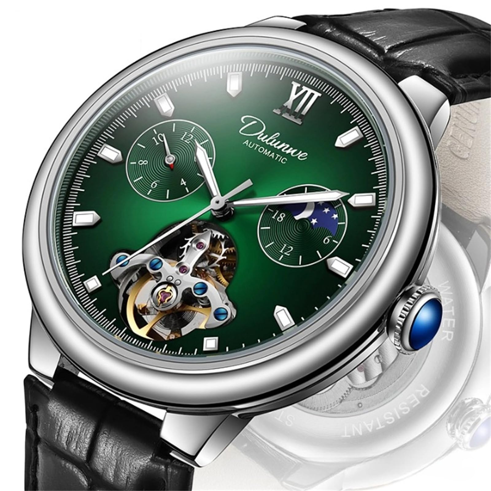 Herren-Armbanduhr, mechanisch, Handaufzug, Lederarmband, Mondphase, Tourbillon, großes Zifferblatt, Business-Automatikuhren, leuchtend