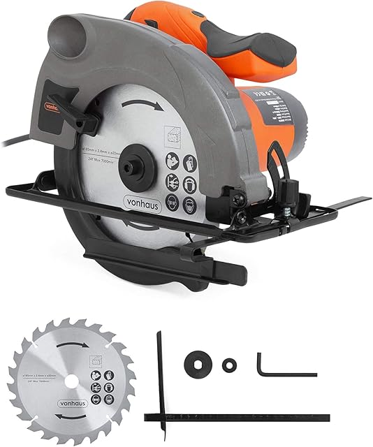 VonHaus Circular Saw - Multi-Purpose Power Saw 1500W, Bevel Cuts with Adjustable Cutting Angle, 185mm Powerful Blade & 20mm Arbour with Two-Stage Safety Trigger