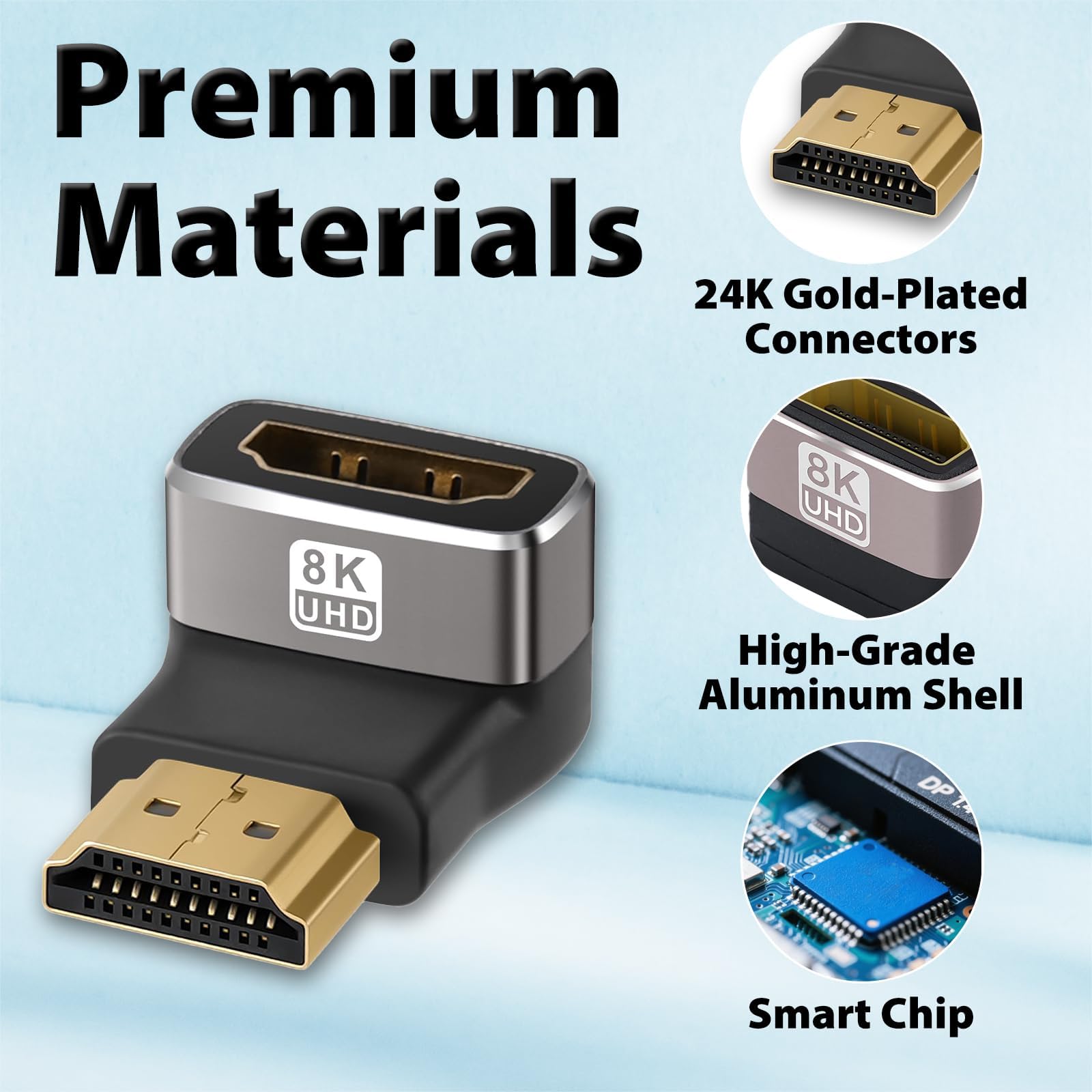 Cyberguys! Confezione da 2 adattatori HDMI 2.1 ad angolo retto 8K, 90° e 270°, prolunga HDMI da maschio a femmina, 4K a 120Hz 8K a 60Hz, placcato oro 24K, connettore a gomito HDMI salvaspazio per TV