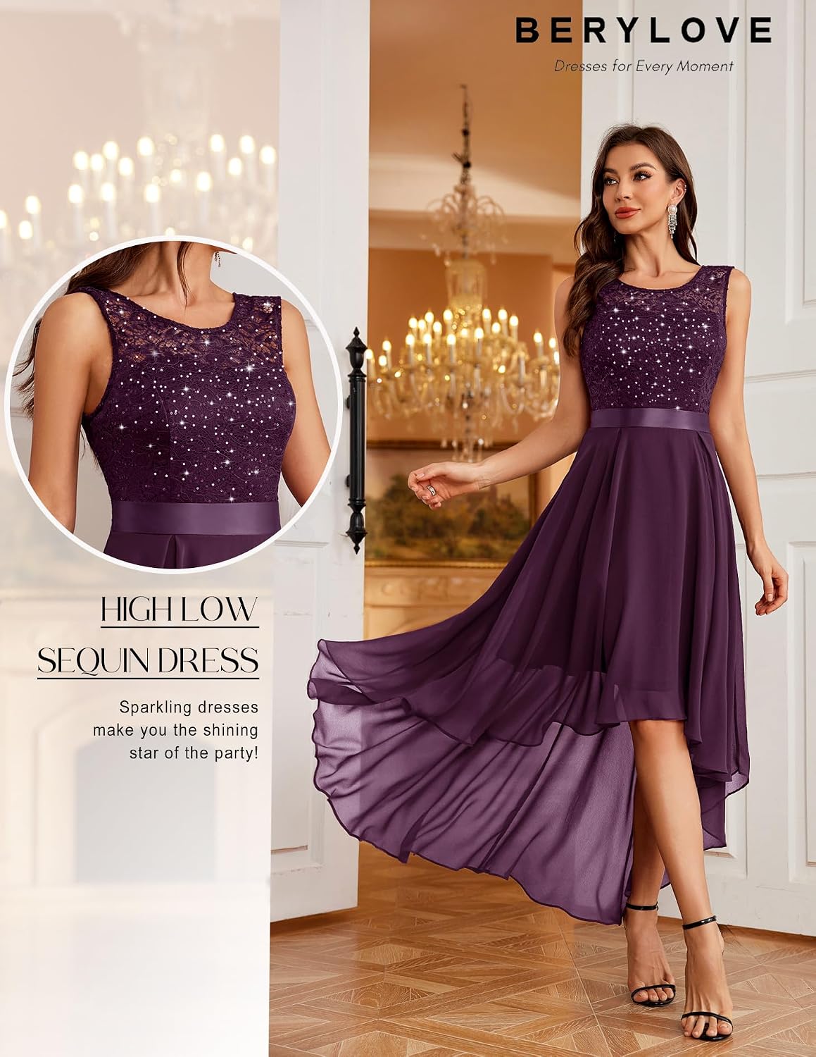 BeryLove Summer Wedding Guest Formal Cocktail Dresses Sequin Prom Party Lace High Low Bridesmaid Elegant Dress thumbnail