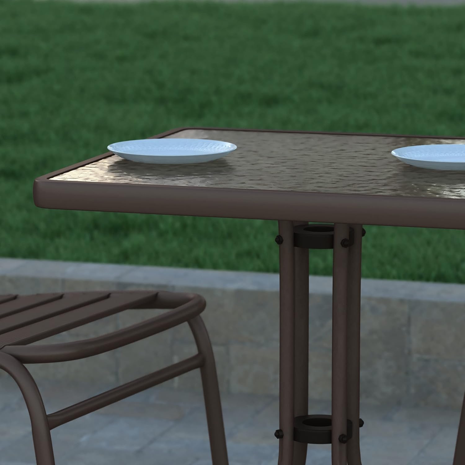 EMMA + OLIVER Benji Patio Dining Table - Bronze Metal Frame - 23.5" Square Tempered Glass Top - Suitable for Indoor/Outdoor Use