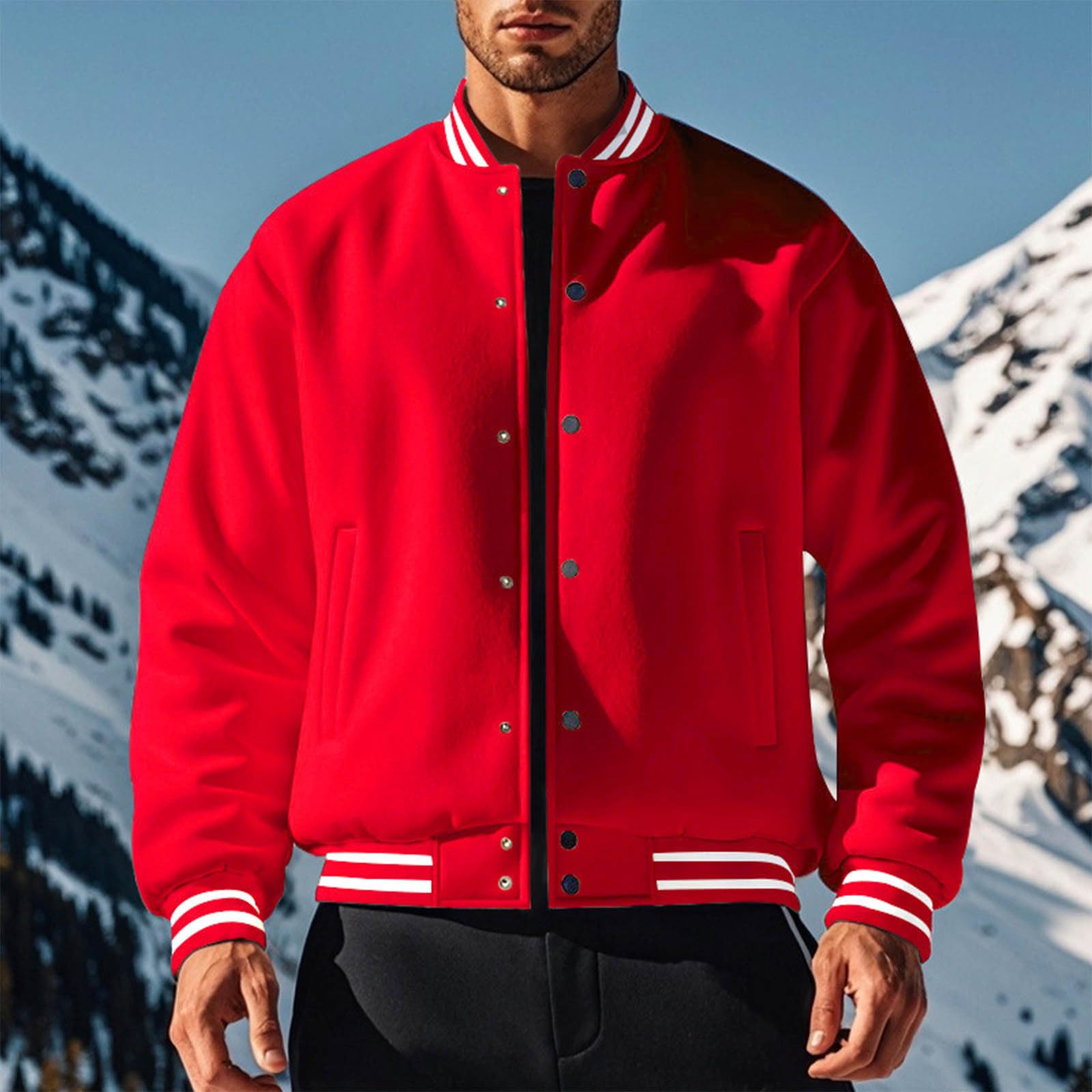 College Jacke Herren Warm Bomberjacke Freizeit Übergangsjacke mit Knöpfe