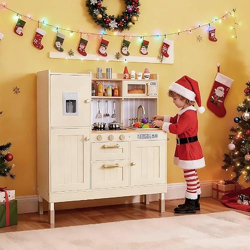 Miniatura 4 de Arlopu Juego de cocina para niños, juegos de cocina de juguete de madera para niños pequeños, juego de cocina con almacenamiento y accesorios, luz y