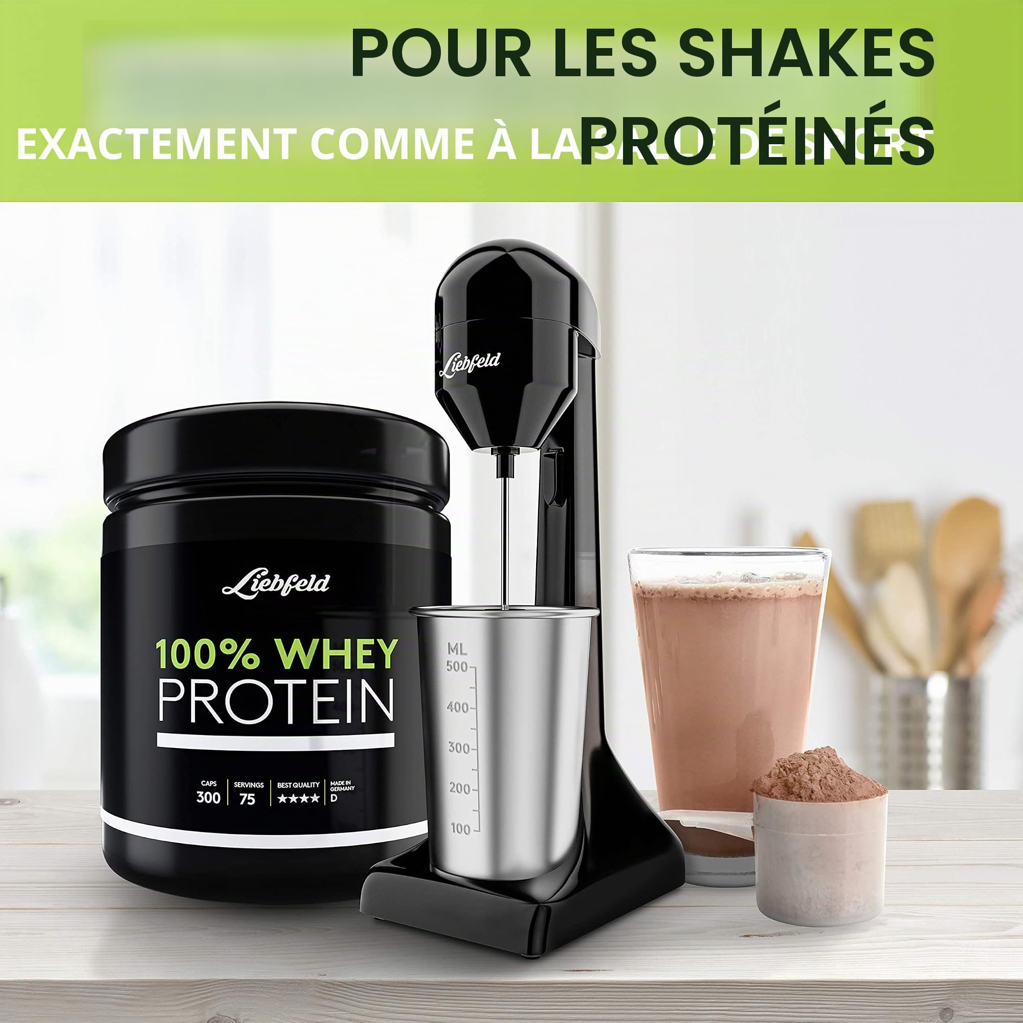 Liebfeld Shaker à protéines électrique – Mixeur plongeant avec gobelet en acier inoxydable de 500 ml – Shake protéiné et milkshake, fitness, blanc d'œuf, mixeur à smoothie, mixeur à smoothie