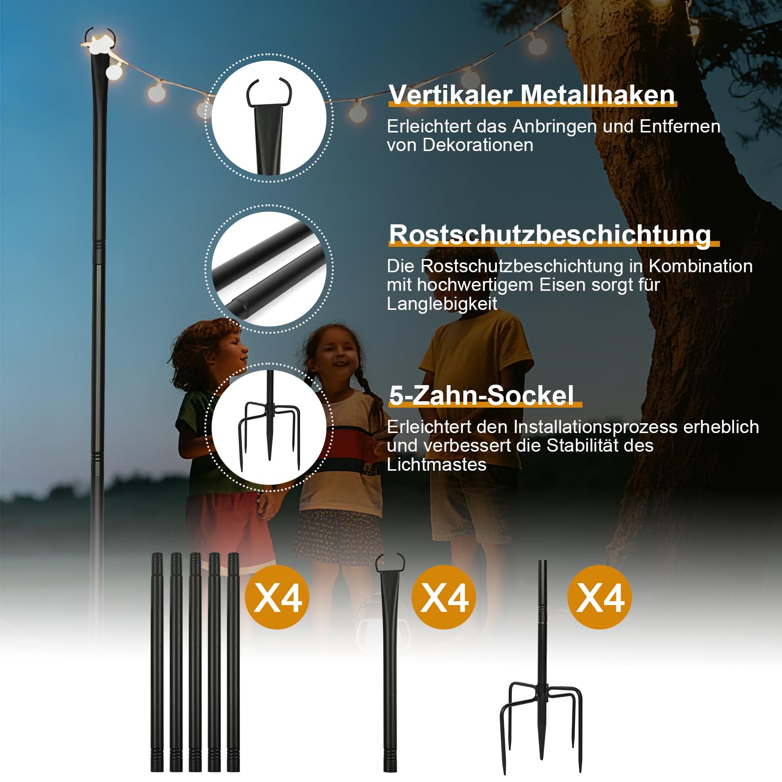 Lot de 4 guirlandes lumineuses de 3 m - Crochet de berger de jardin pour guirlandes lumineuses en extérieur - En métal - Avec fourchette - Support de guirlande lumineuse d'extérieur pour