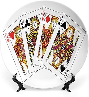 6 Inch Decorative Plate, Queen Dinner Plate, Queens Poker Set Faces Hearts and Spades Gambling Theme Print Ornament Display Plate Decor Accessory for Dining, Parties, Wedding, Black Red Yellow