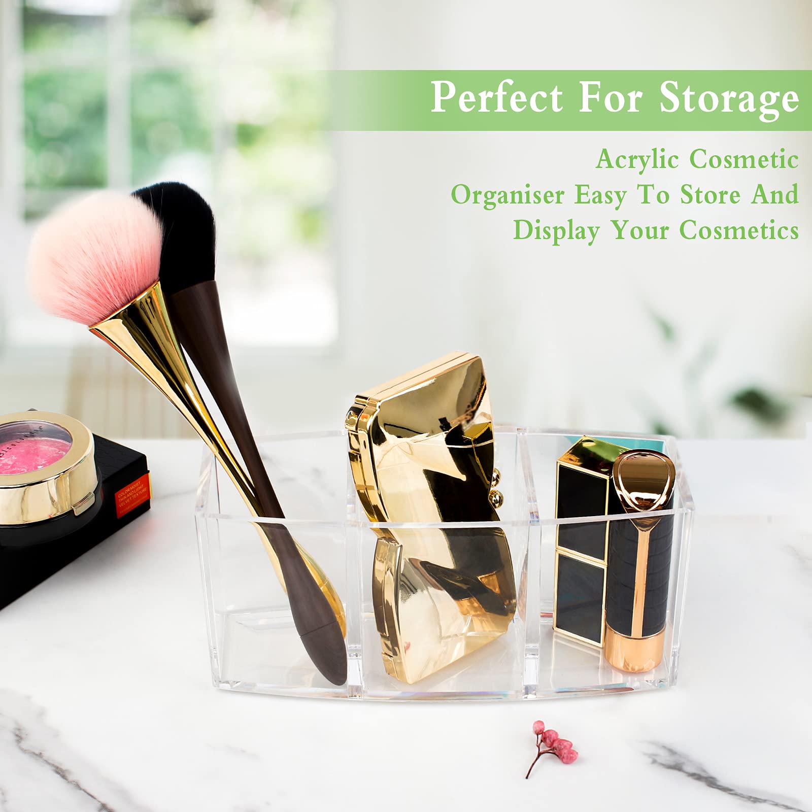 Acryl Make-up-Organizer Mit 3 Pinselhaltern & Rosa Perlen – Transparent, Staubsicher