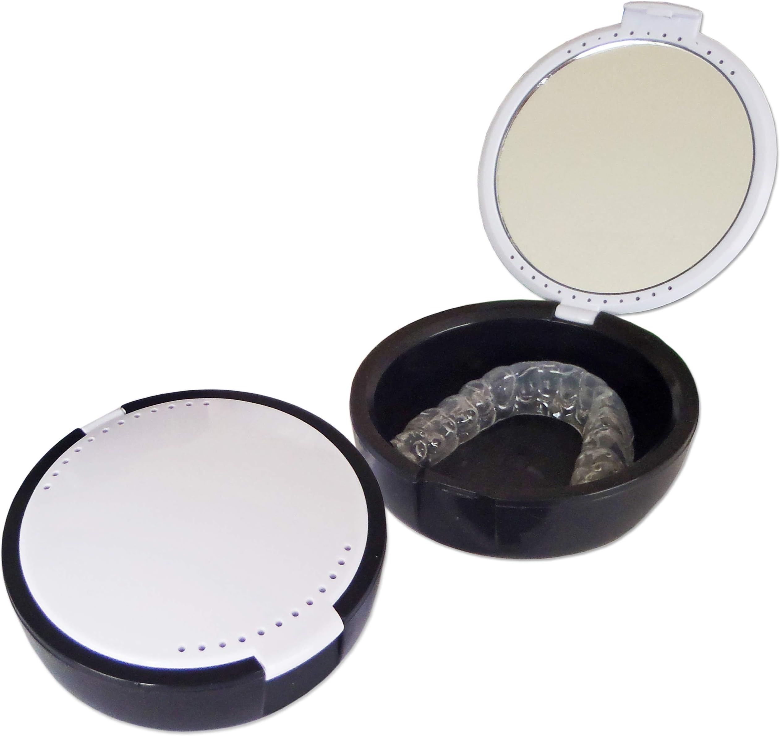 Dental Case with Mirror (Set of 1) Black & White Colours ~ for Gum Shields, Mouth Guard, Oval Orthodontic Dental Box (Black Case with White Lid)