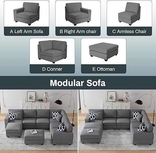 Miniatura 4 de Legend Vansen Sofá modular modular en forma de U con otomana, moderno sofá modular de esquina reversible para sala de estar (gris oscuro, sofá en