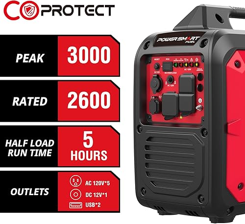 Miniatura 2 de PowerSmart Generador portátil del inversor de 3000 vatios accionado a gas, silencioso para acampar