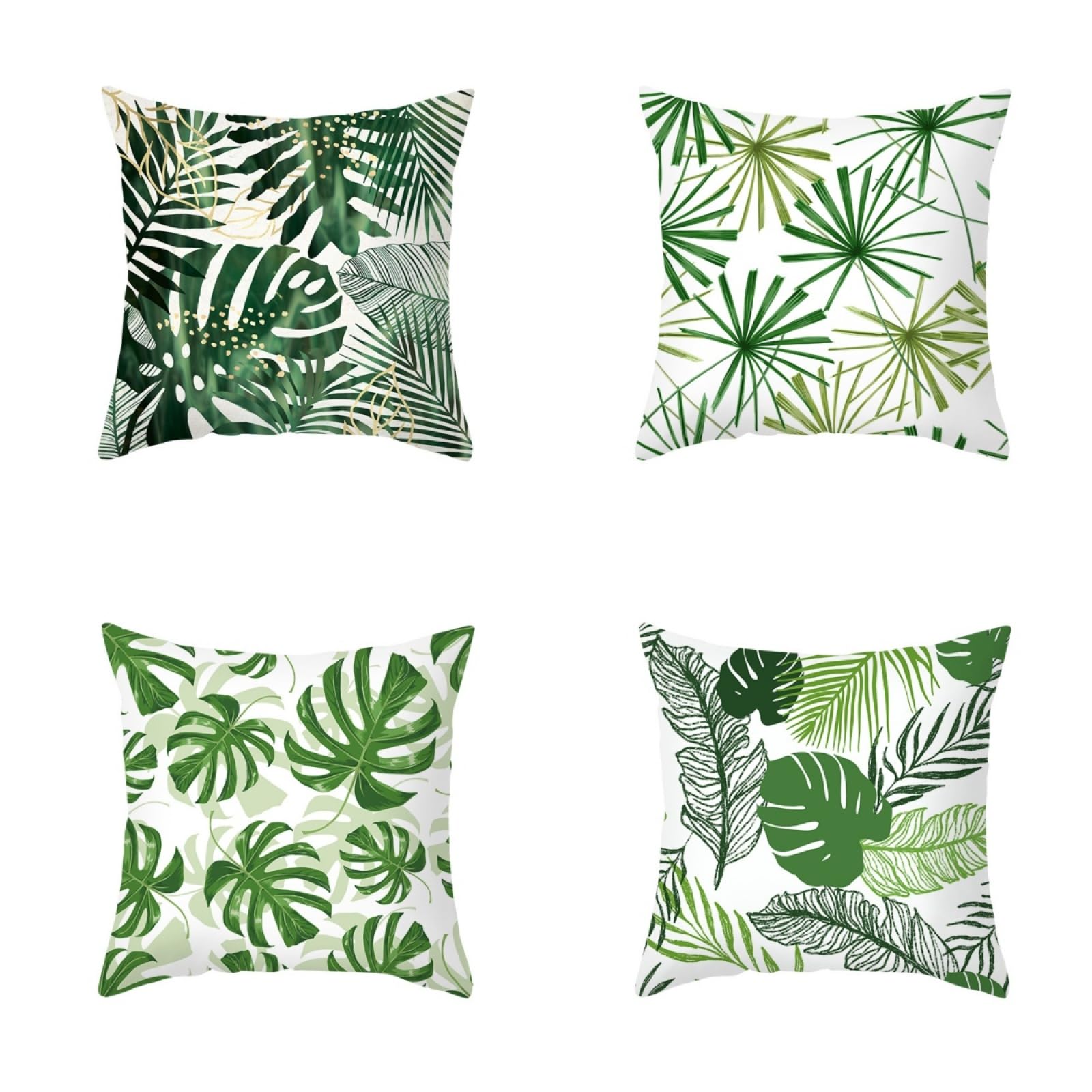 Pillow Cases 4 Pack White Green Cushion Covers Soft Linen Cushions with Covers Included Washable Sofa Cushions with Invisible Zip Pillowcase Pillow Cover Breathable Cushion Cover 45x45cm