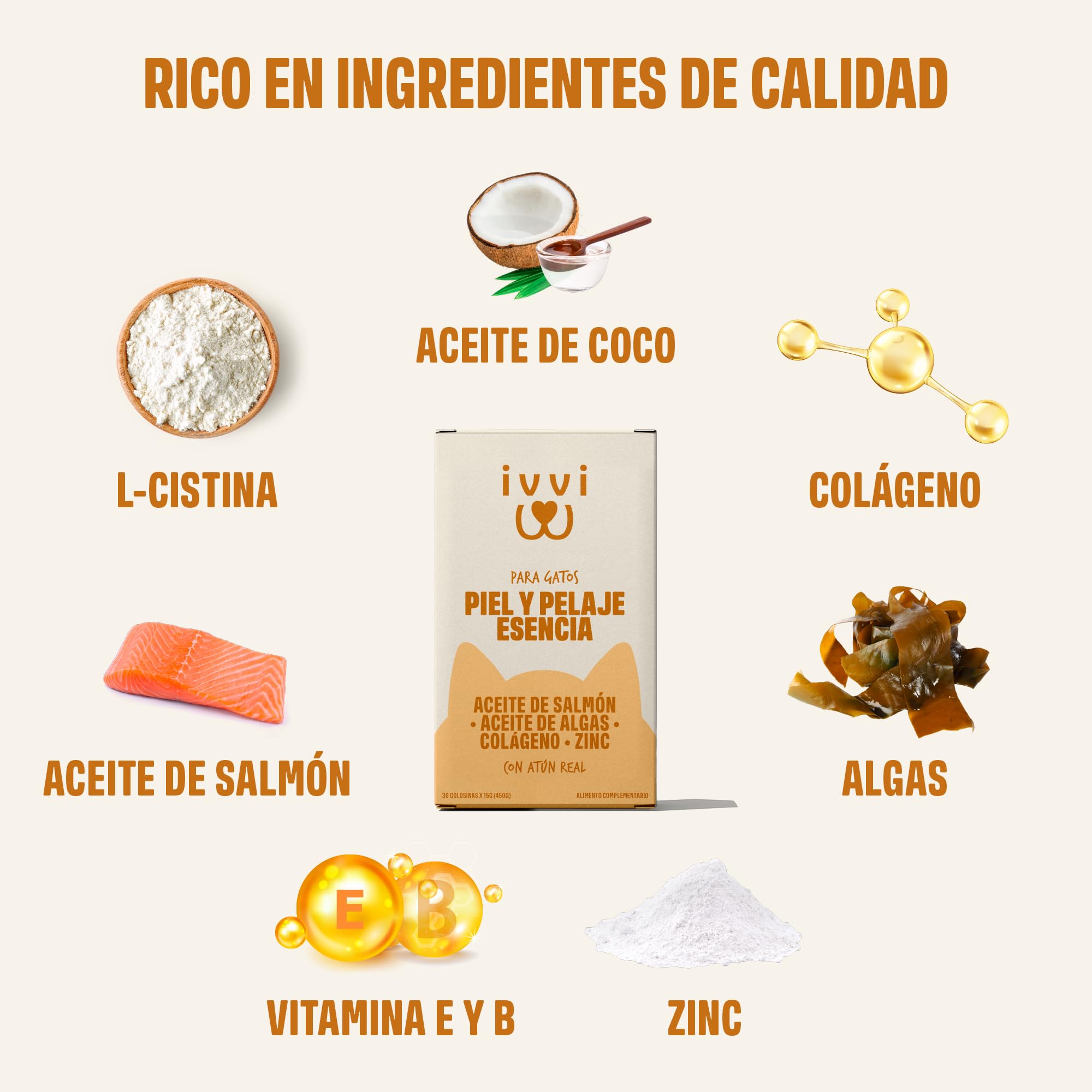 ivvi Piel & Pelaje Esencia para Gatos – Crema Funcional con Aceite de Salmón, Aceite de Algas, Zinc y Colágeno – Ayuda a la Piel y el Pelaje – 30x15g – con Atún Real