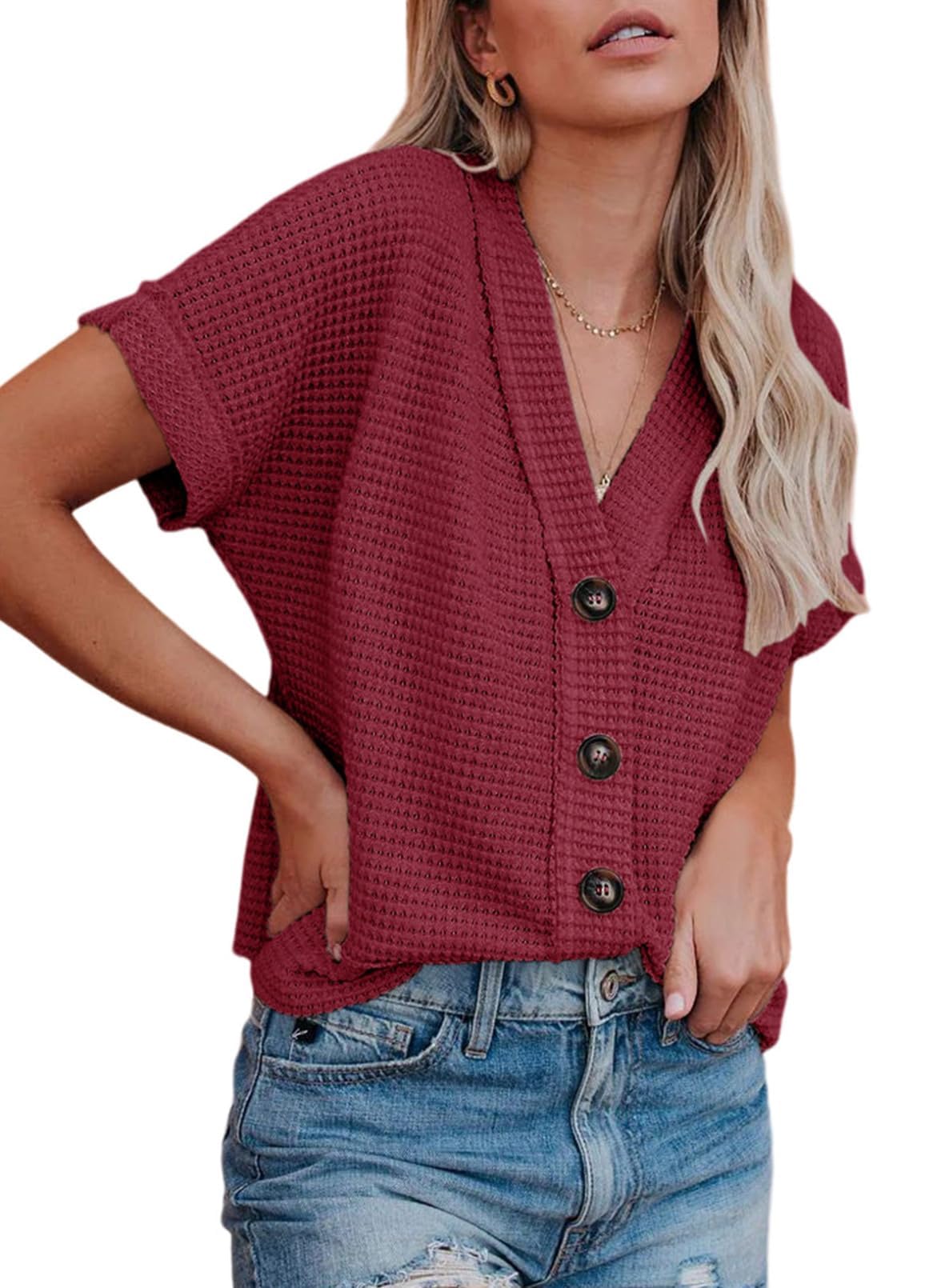 Dokotoo Womens Summer Tops 2025 Waffle Knit Button Down Shirts Casual V Neck Short Sleeve Shacket Jacket Dressy Blouses