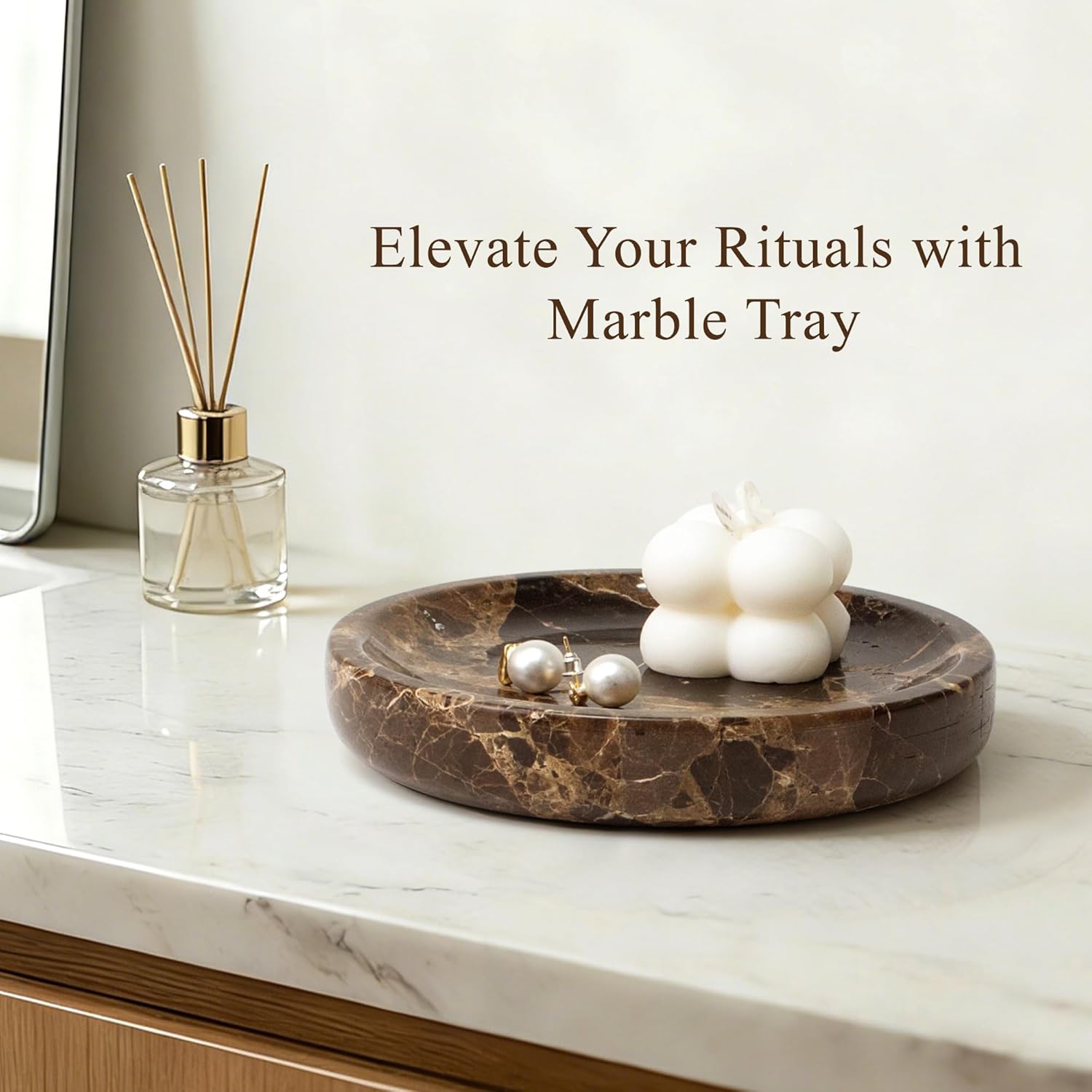 LIN CHUAN LINCHUN Jewelry Dish Marble Vanity Tray, Round Ring Dish, Trinket Dish, Small Decorative Catchall Trays for Earrings, Rings, Keys, Jewelry Holder Plate Gift for Women, 5.5”, Brown