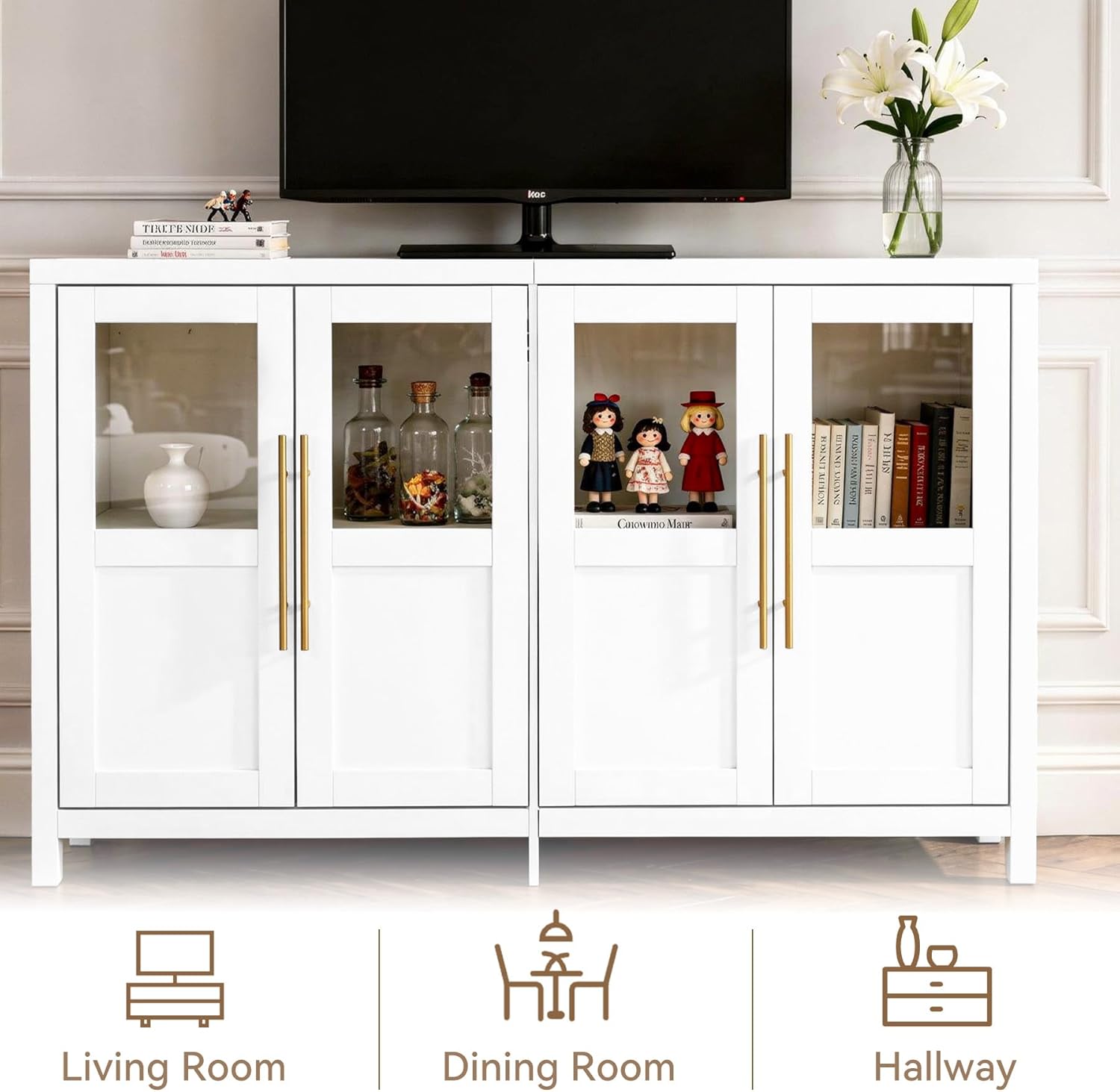 55" Sideboard Cabinet with Glass Doors, Large Buffet Cabinet with Storage and Shelves, Modern Accent Console Table for Dining Room Living Room Entryway (White)