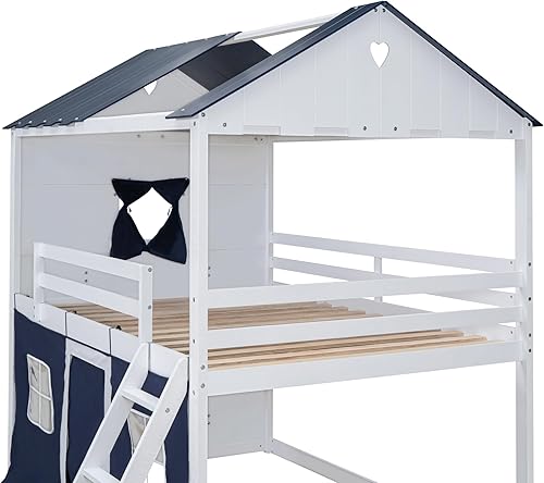 Miniatura 6 de Litera de escalera individual sobre individual para niños pequeños litera de madera con riel de protección de almacenamiento ventana y estante fácil