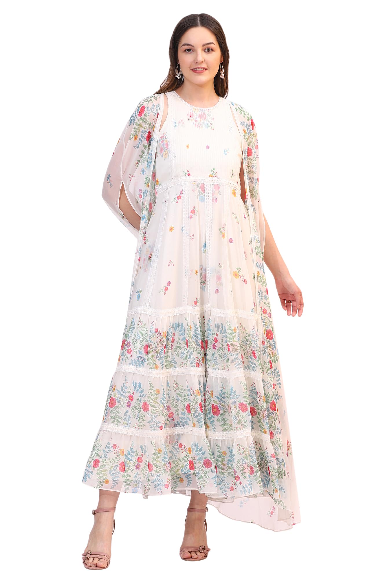 Women's Red Dori Embroidery Chiffon Flared Dresses with Dupatta Set-image-2