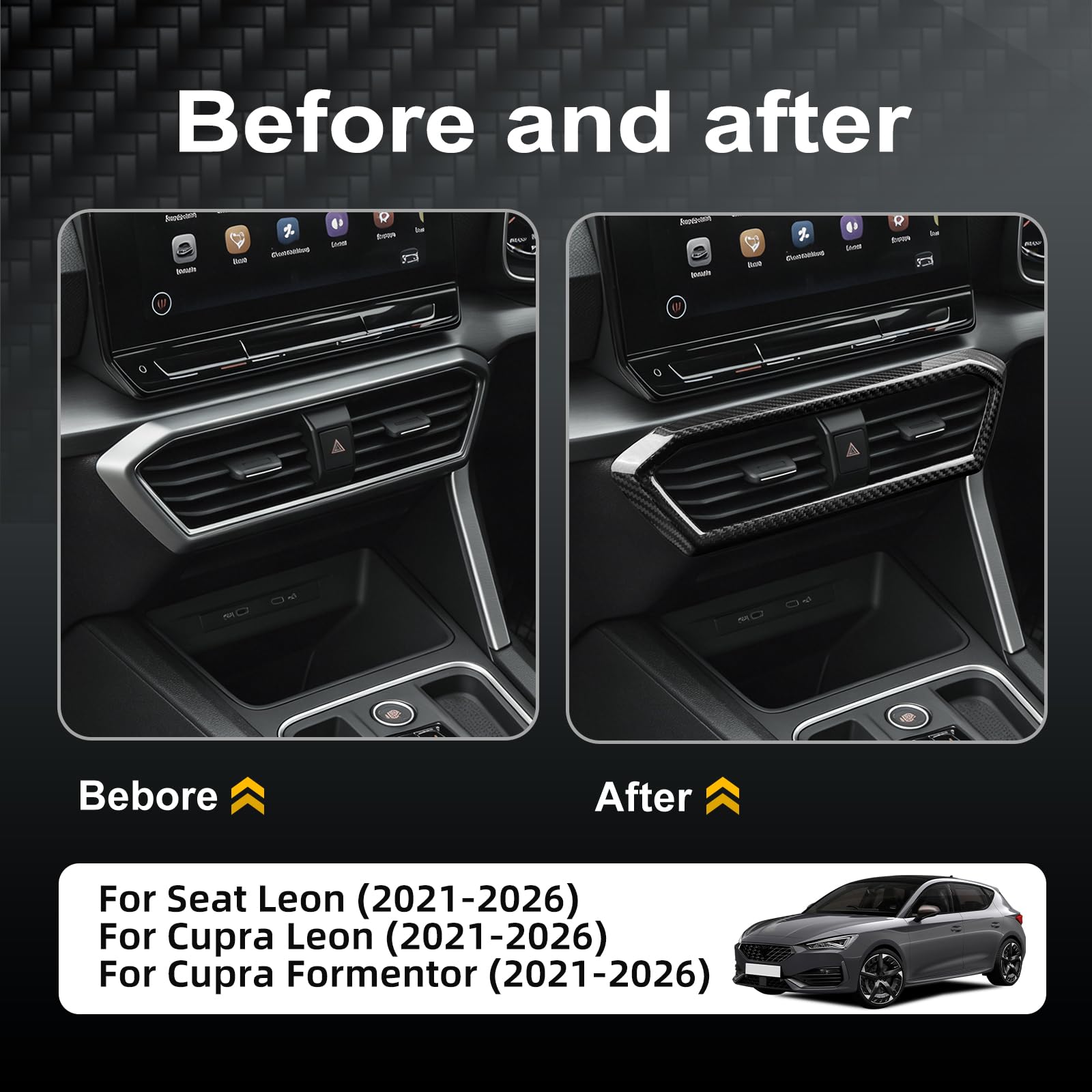 KUNGKIC Pour Cupra Formentor/Seat Leon/Cupra Leon 2021-2026 Console centrale de voiture, cadre de sortie d'air, tableau de bord, autocollant de sortie d'air, accessoire intérieur, cadeau (noir)