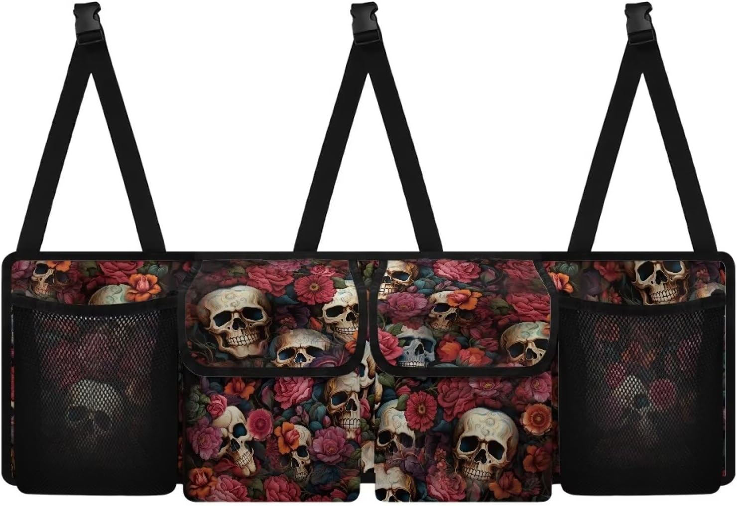 Skull Floral Car Trunk Organizer, Backseat Hanging Large Storage with Adjustable Straps & 4 Pockets, Waterproof Collapsible Cargo Bag, Car Interior Accessories for SUV, Truck, Van